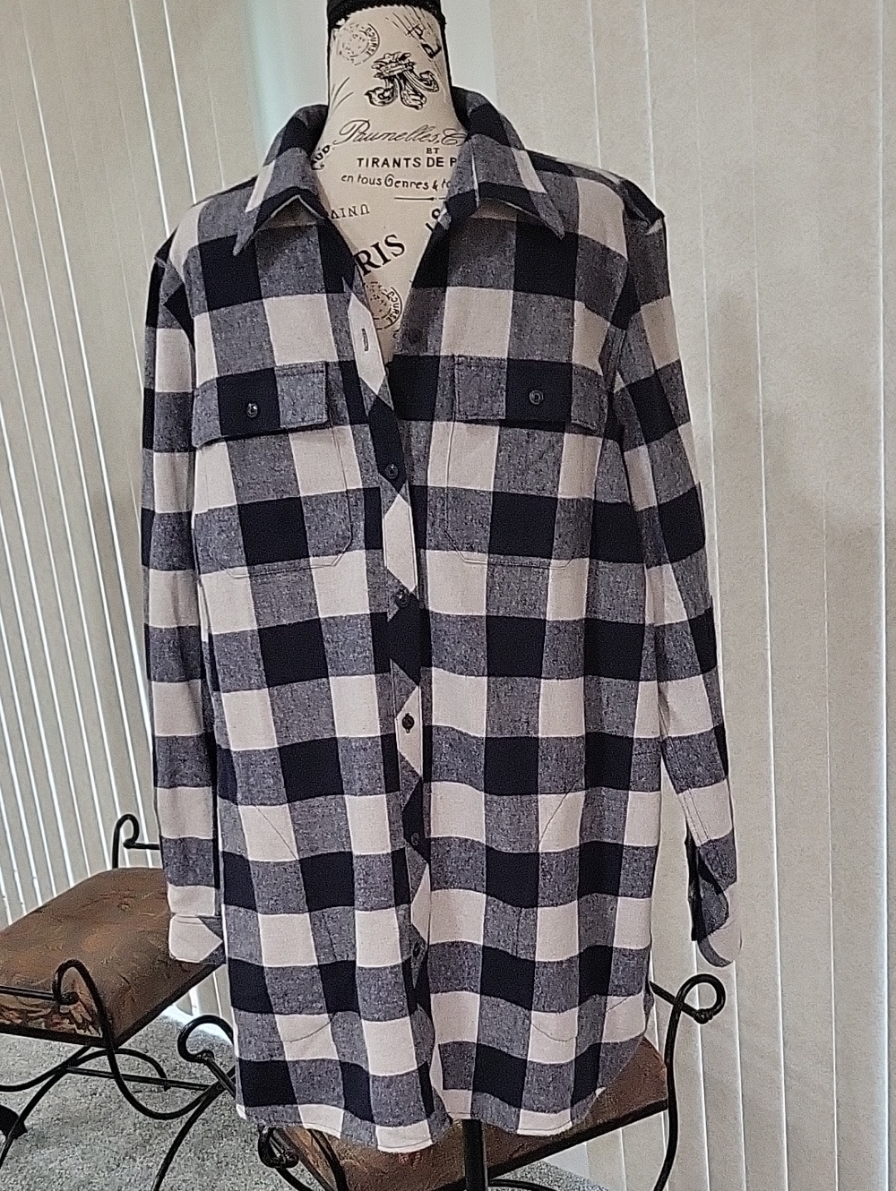 Classic Navy and White Plaid Button-Up Tunic Shirt